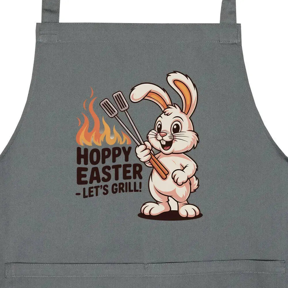 Hoppy Easter Let’s Grill Grillschürze – Lustiges Oster-Design | Schwarze BBQ Latzschürze – Motivdruck in Anthrazit, Nahaufnahme