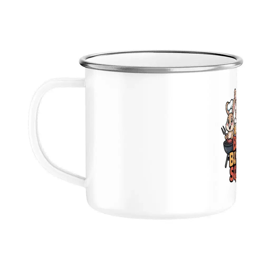 BBQ Bunny Squad Emaille Tasse – Robuster Outdoor Becher | Meatware® – Motivdruck in Silber, weitere Ansicht