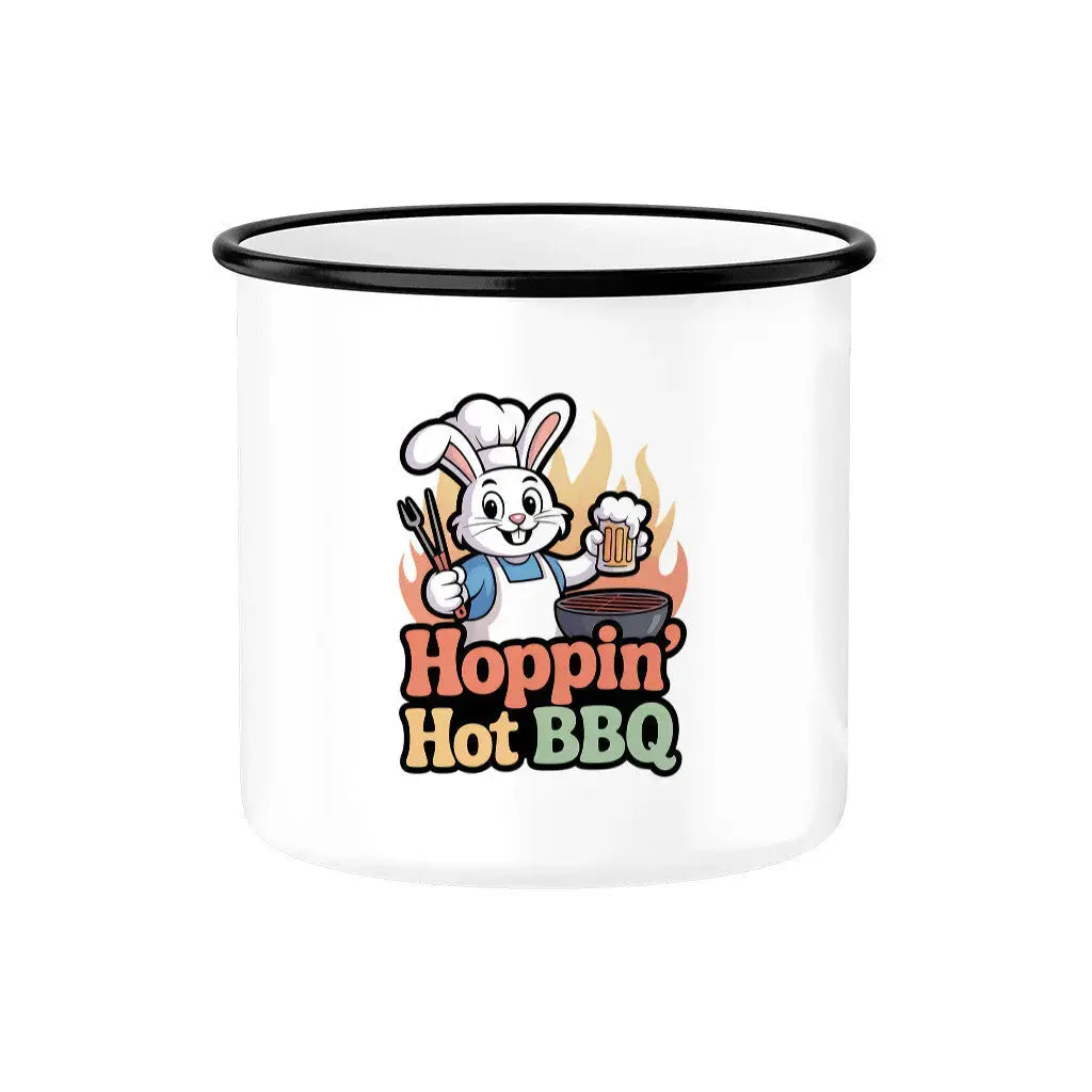 Hoppin' Hot BBQ Emaille Tasse – Robuster Outdoor Becher | Meatware® – Motivdruck in Schwarz