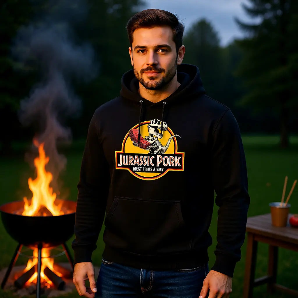 Jurassic Pork – Premium Hoodie für Fleischjäger – Meatware Produktfoto