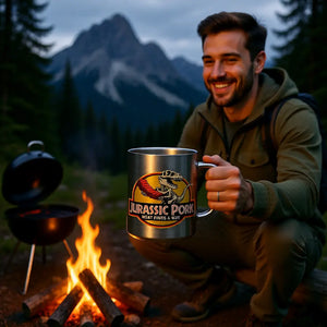 🦖 Jurassic Pork – Edelstahl-Tasse mit Karabiner für Outdoor-Griller MarketPrint