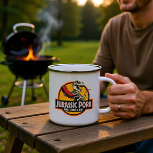 🦖 Jurassic Pork – Emaille Tasse im Retrolook für echte Grill-Fans MarketPrint