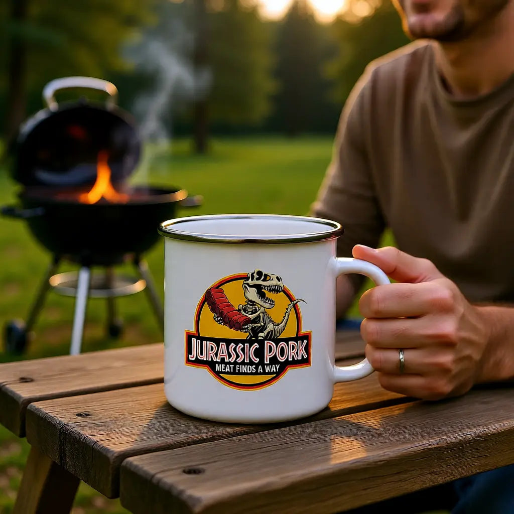 Emaille Tasse Jurassic Pork – Lustiger Camping Becher & Grill Geschenk – Meatware Produktfoto