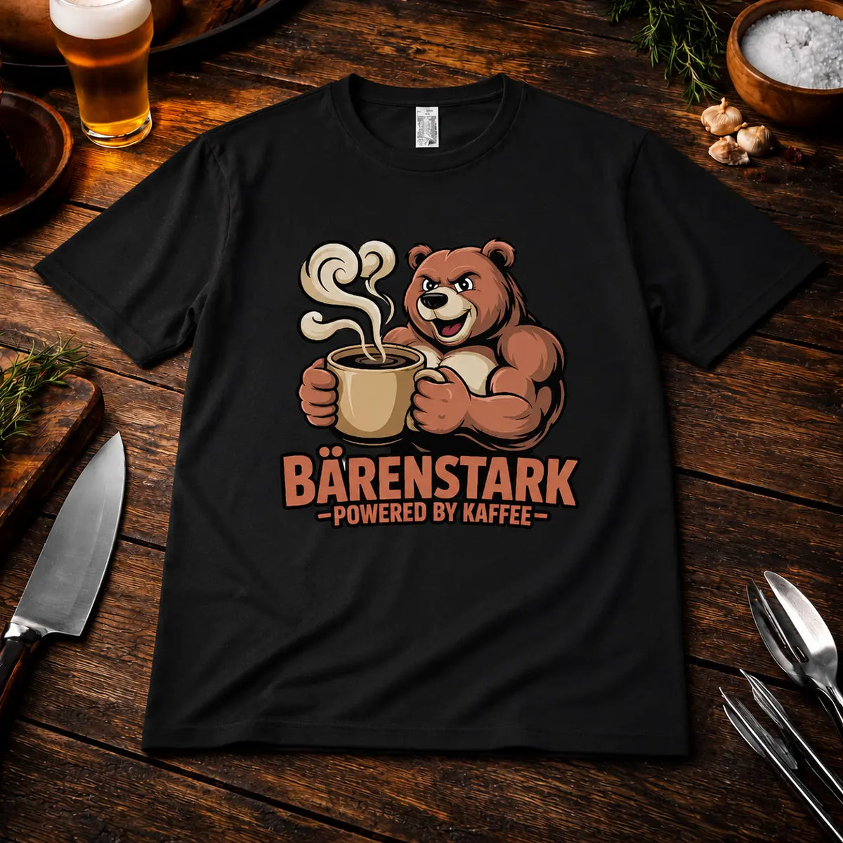 BÄRENSTARK – Powered by Kaffee | Premium T-Shirt – Meatware Produktfoto
