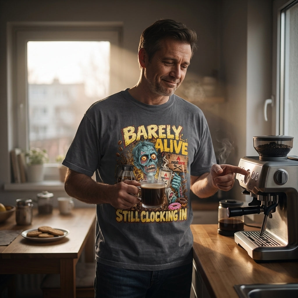 Barely Alive Still Clocking In – Lustiges Kaffee Zombie Oversized Shirt