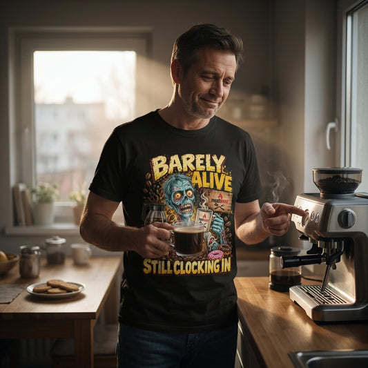 Barely Alive Still Clocking In – Lustiges Kaffee Zombie T-Shirt