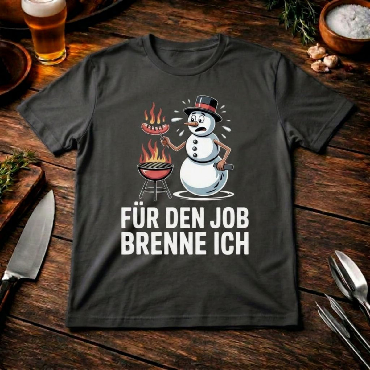 Für den Job brenne ich – Premium T-Shirt (Lustiges Wintergrillen & BBQ Fanshirt) – Meatware Produktfoto