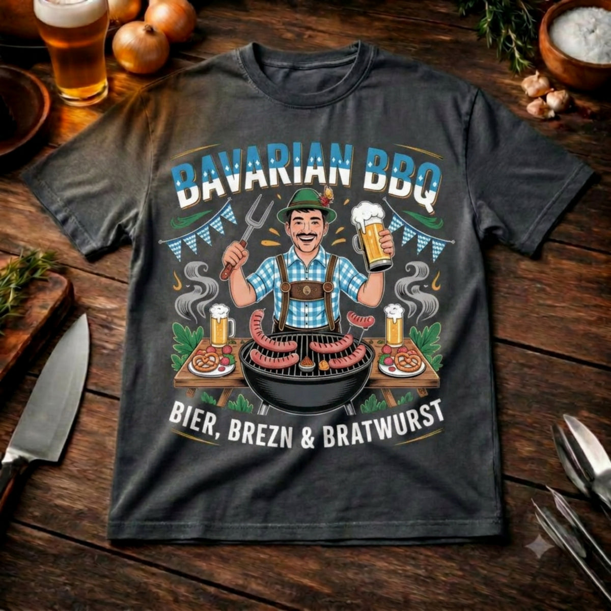 Bavarian BBQ – Lässiges Oversized T-Shirt (Lustiges Bayern Grillmeister & Trachten Streetwear Shirt) – Meatware Produktfoto