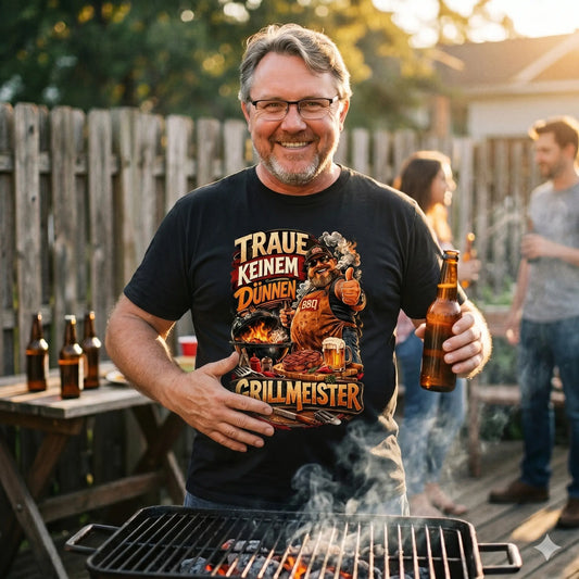 Ein kräftiger Grillmeister vor brennendem Grill klopft sich auf den Bauch, trägt das T-Shirt mit dem Spruch "Traue keinem Dünnen...".