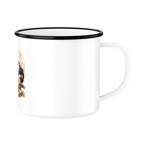 Enamel mug with camping and grilling design, ideal for outdoor enthusiasts, featuring rugged charm and nostalgic appeal.