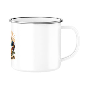 Enamel camping mug with rustic campfire design, perfect for outdoor adventures and enjoying coffee or beer by the grill.