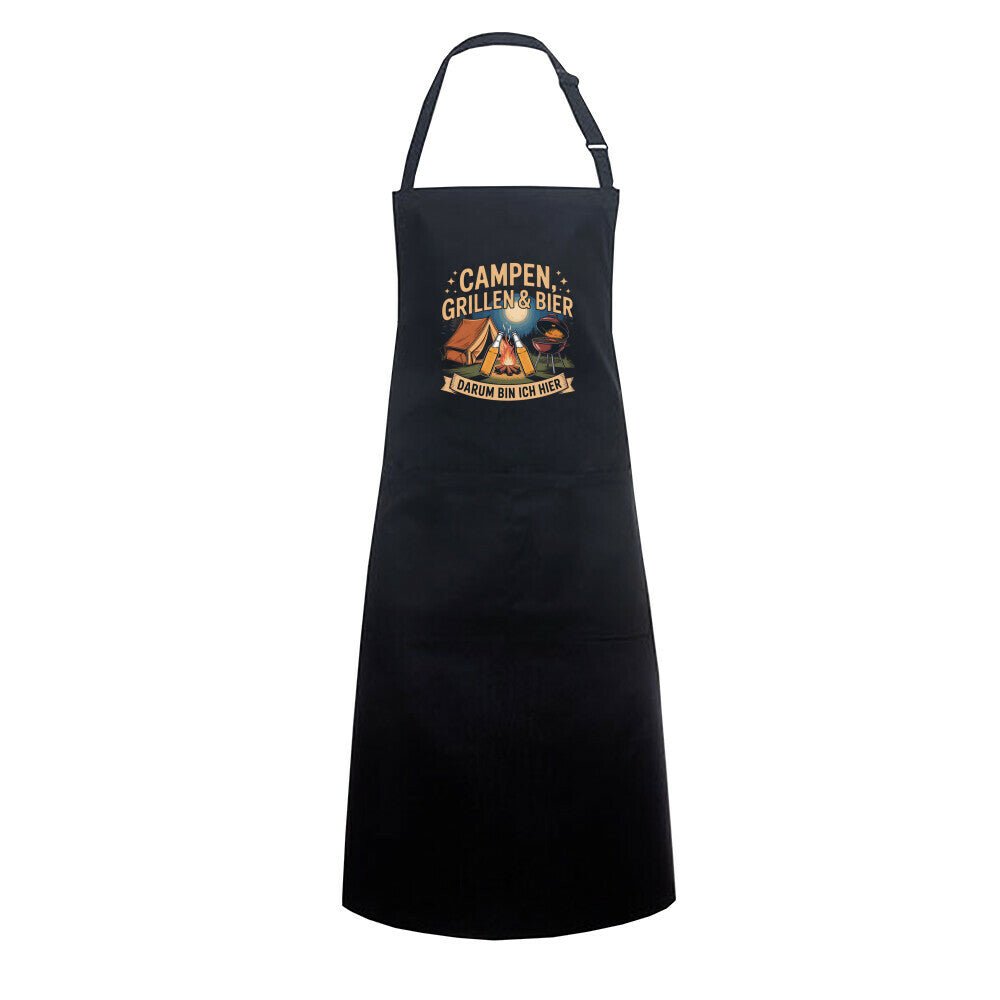 Black grilling apron with 'Campen, Grillen & Bier' design, featuring camping motifs and beer mug, ideal for BBQ enthusiasts.