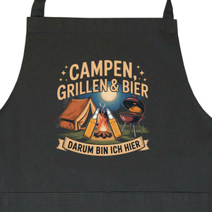 Grillschürze mit Schriftzug "Campen, Grillen & Bier" und Lagerfeuer-Design, perfekt für Grillprofis und Outdoor-Fans.