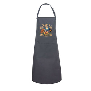 Dark grilling apron with "Campen, Grillen & Bier" text, featuring camping and grilling motifs for outdoor BBQs.