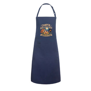 Blue grill apron with "Campen, Grillen & Bier" text, perfect for camping and BBQ enthusiasts seeking durability and humor.