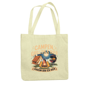 Jutebeutel mit Campen, Grillen & Bier Design, perfekt für Outdoor- und Campingliebhaber, umweltfreundlicher Stoffbeutel.