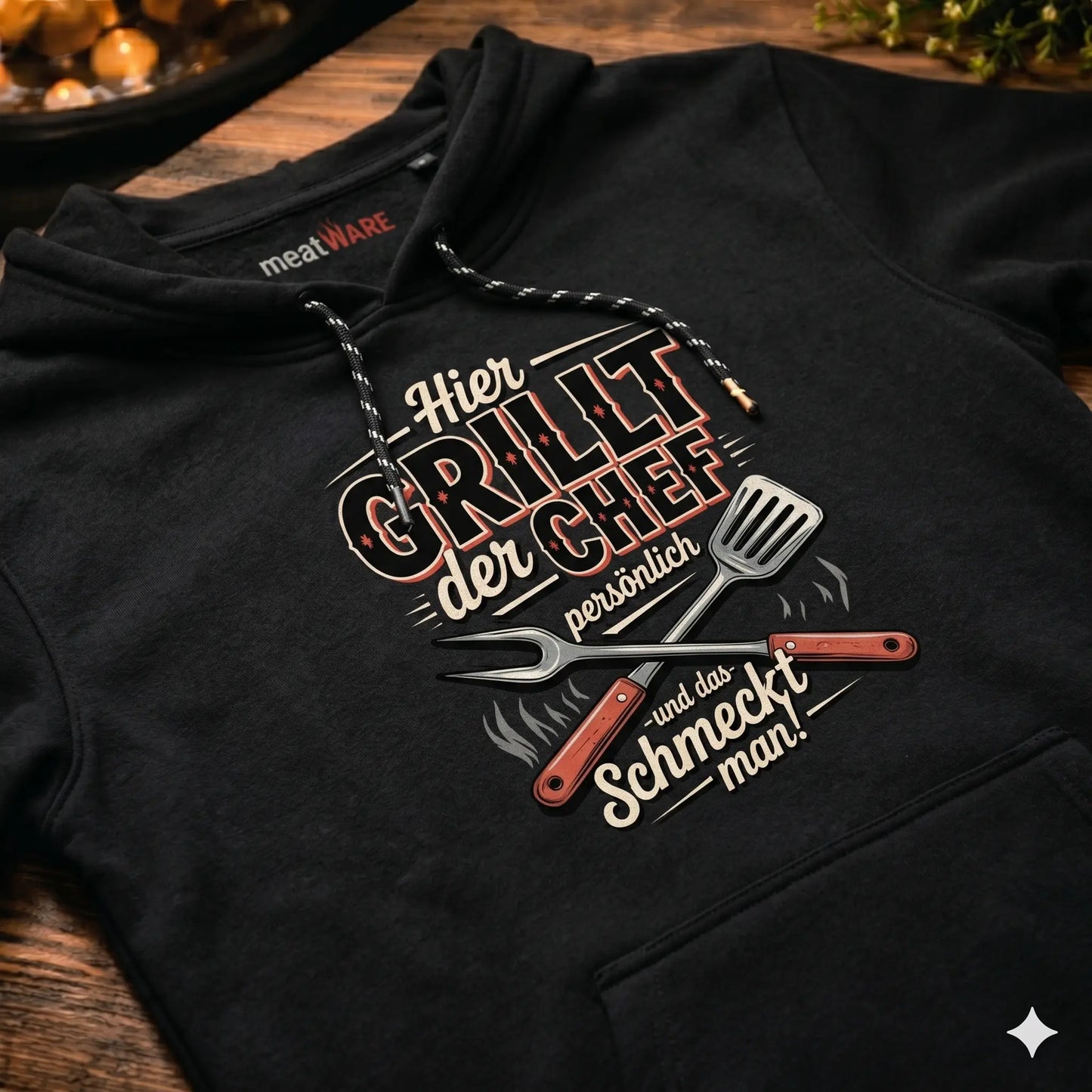 Nahaufnahme eines schwarzen Premium-Hoodies mit der "Hier GRILLT der CHEF persönlich"-Grafik und gekreuzten Grillutensilien, präsentiert in einer BBQ-Küchenszene auf einem Holzgrund mit dem "meatWARE"-Nackenlabel.