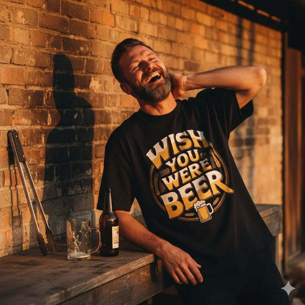 Ein schwarzes T-Shirt von Meatware mit der großen Aufschrift „Wish You Were Beer“ in einer gelb-weißen Bier-Optik, umrahmt von Gerstenähren.