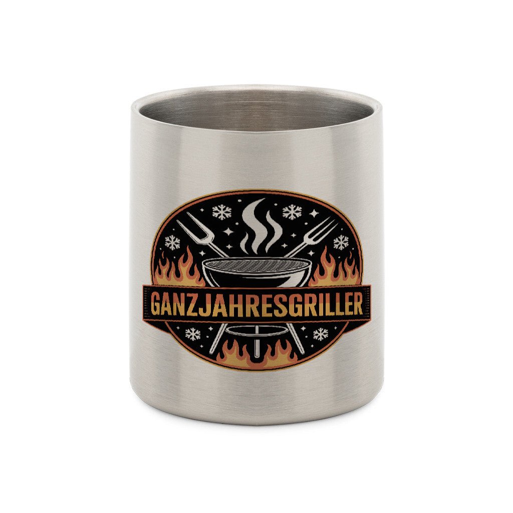 Ganzjahresgriller - Logo - Edelstahl - Tasse mit Karabiner | Mug | Meatware