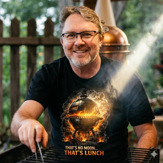 Lachender Mann mit Bart am Grill trägt schwarzes T-Shirt mit brennendem Todesstern-Kugelgrill Design und Rauch-Effekt.