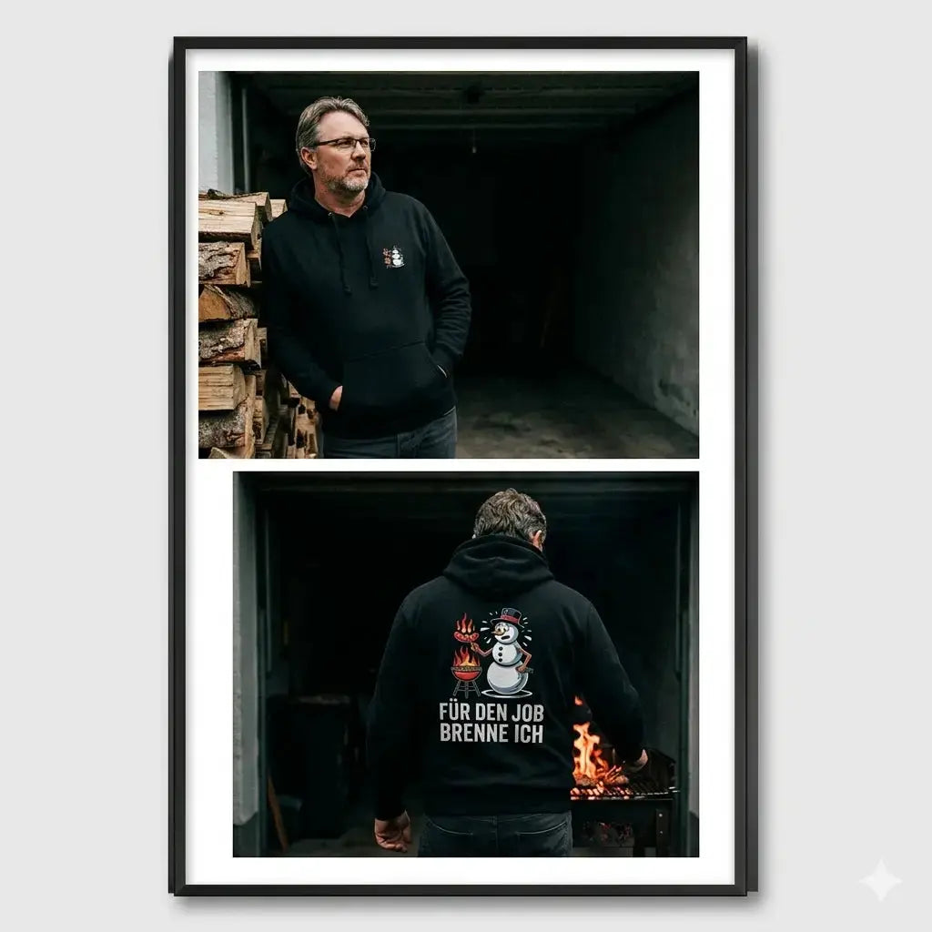 Mann steht mit dem Rücken zur Kamera am Grill, großer Schneemann-Print auf schwarzem Hoodie leuchtet im Feuerlicht.