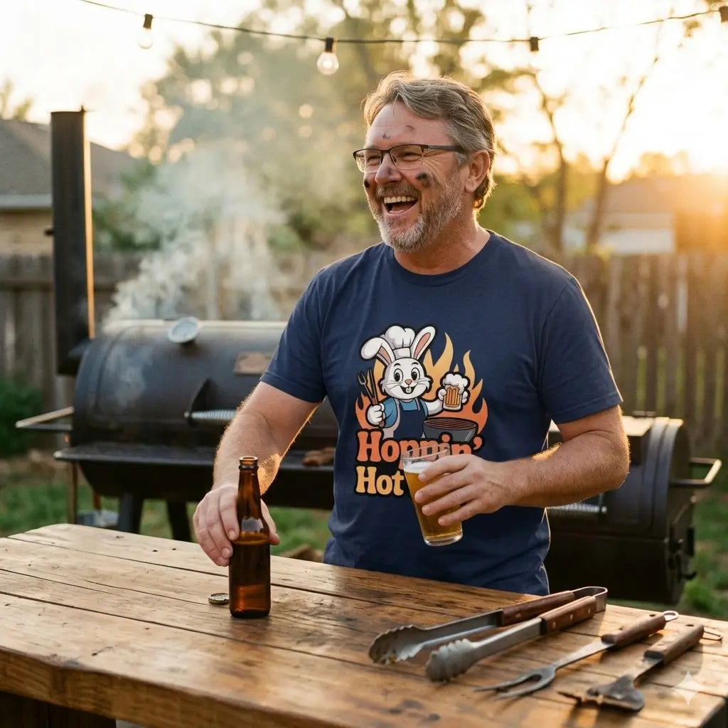 Hoppin' Hot BBQ T-Shirt – Lustiger Osterhase Grillmeister | Meatware® – Meatware Detailansicht