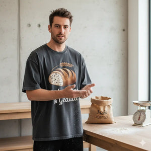 Grey Ash Meatware Oversized T-Shirt mit detaillierter Brot-Gravur und Weizenähre, hochwertiger Heavy-Cotton-Stoff