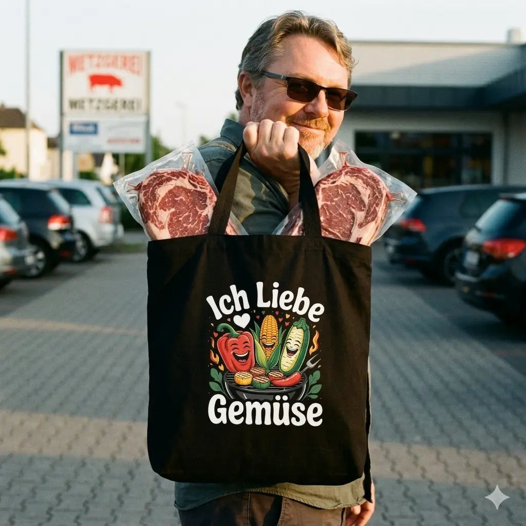 Nahaufnahme einer Tragetasche mit "Ich Liebe Gemüse" Print, aus der Steaks herausgucken.