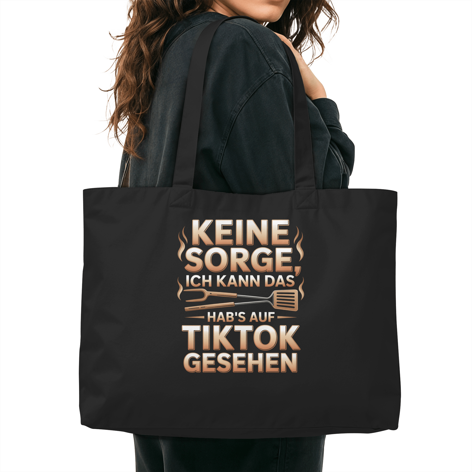 Woman holding organic shopping bag with "Keine Sorge ich kann das - hab's auf TikTok gesehen" text in bold design.