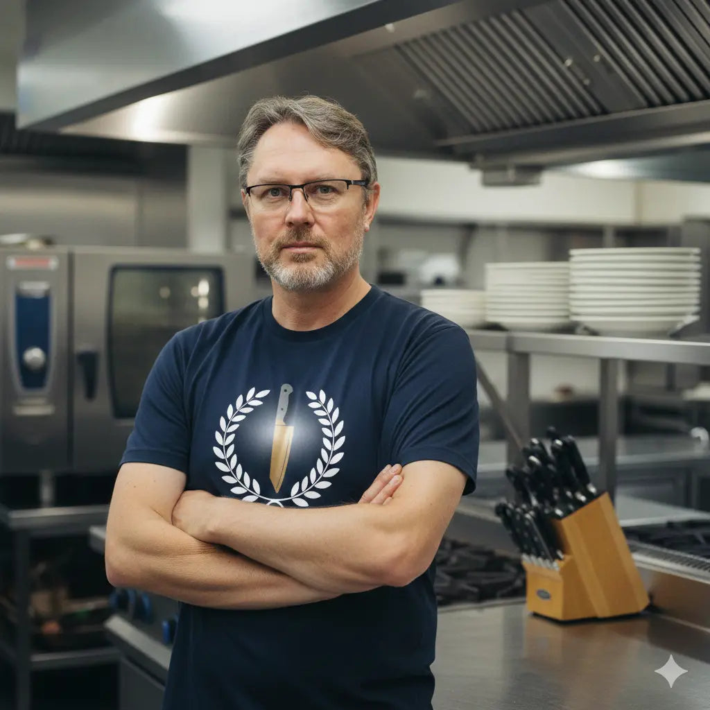 Navy Meatware T-Shirt mit Maître de Cuisine Emblem, aufrechtem Kochmesser und goldenem Lorbeerkranz