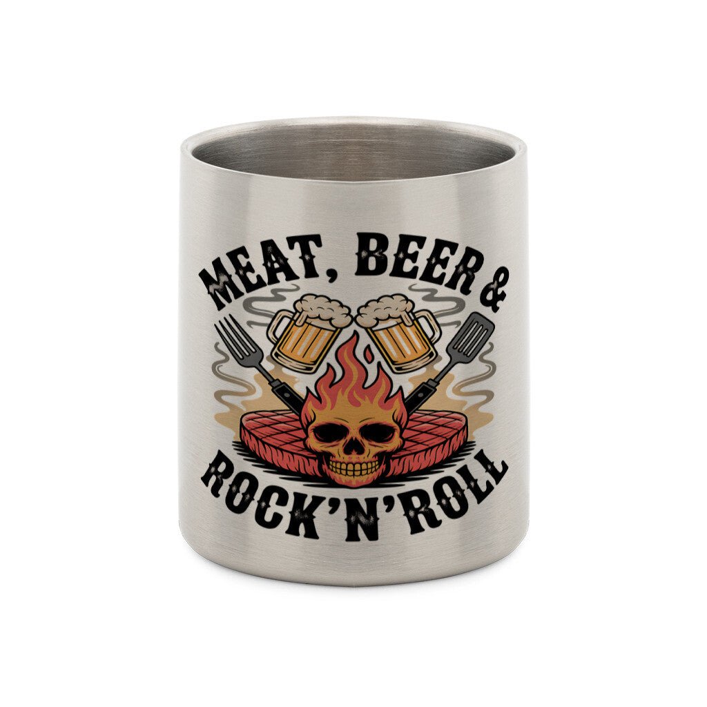Meat, Beer & Rock N roll - Edelstahl - Tasse mit Karabiner | Mug | Meatware