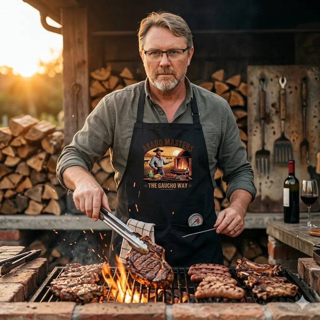 Grillmeister in der Meatware Asado Masters Schürze bedient eine traditionelle Parrilla.