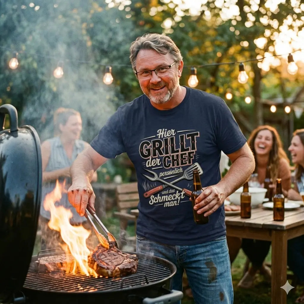 Ein Mann im "Hier grillt der Chef"-T-Shirt bedient einen rauchenden Grill bei einer Gartenparty im Freien. Er schaut lächelnd in die Kamera