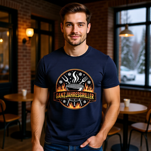 Premium T-Shirt mit Ganzjahresgriller Feuer & Schnee Emblem von Meatware im BBQ-Lifestyle Look