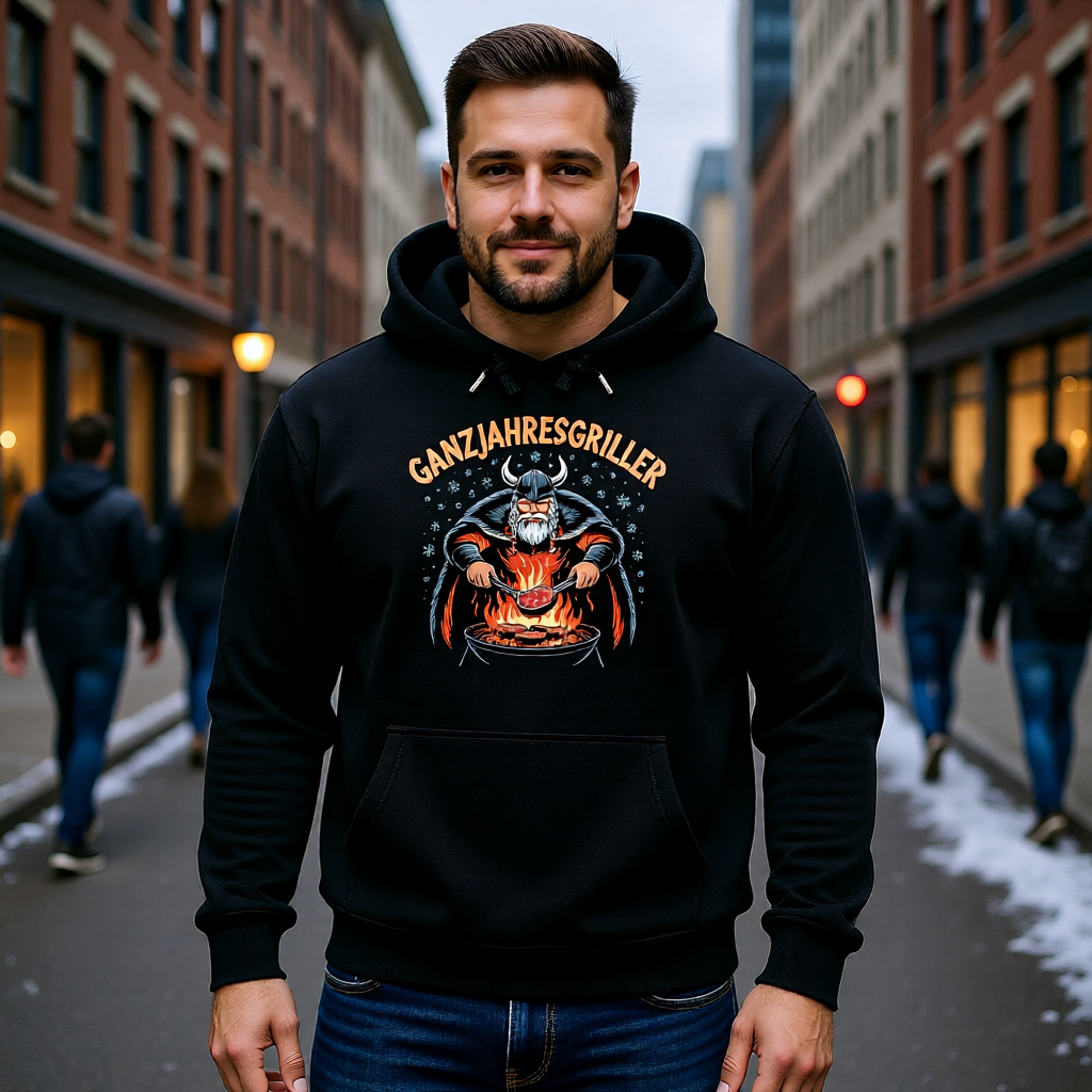Premium Hoodie mit Ganzjahresgriller Wikinger am Grill von Meatware im BBQ-Lifestyle Look
