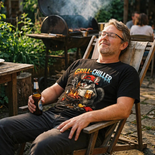 Mann entspannt beim Grillen im Garten mit schwarzem Meatware T-Shirt „Grill Chiller“ Eichhörnchen Motiv und Bier in der Hand vor BBQ Grill