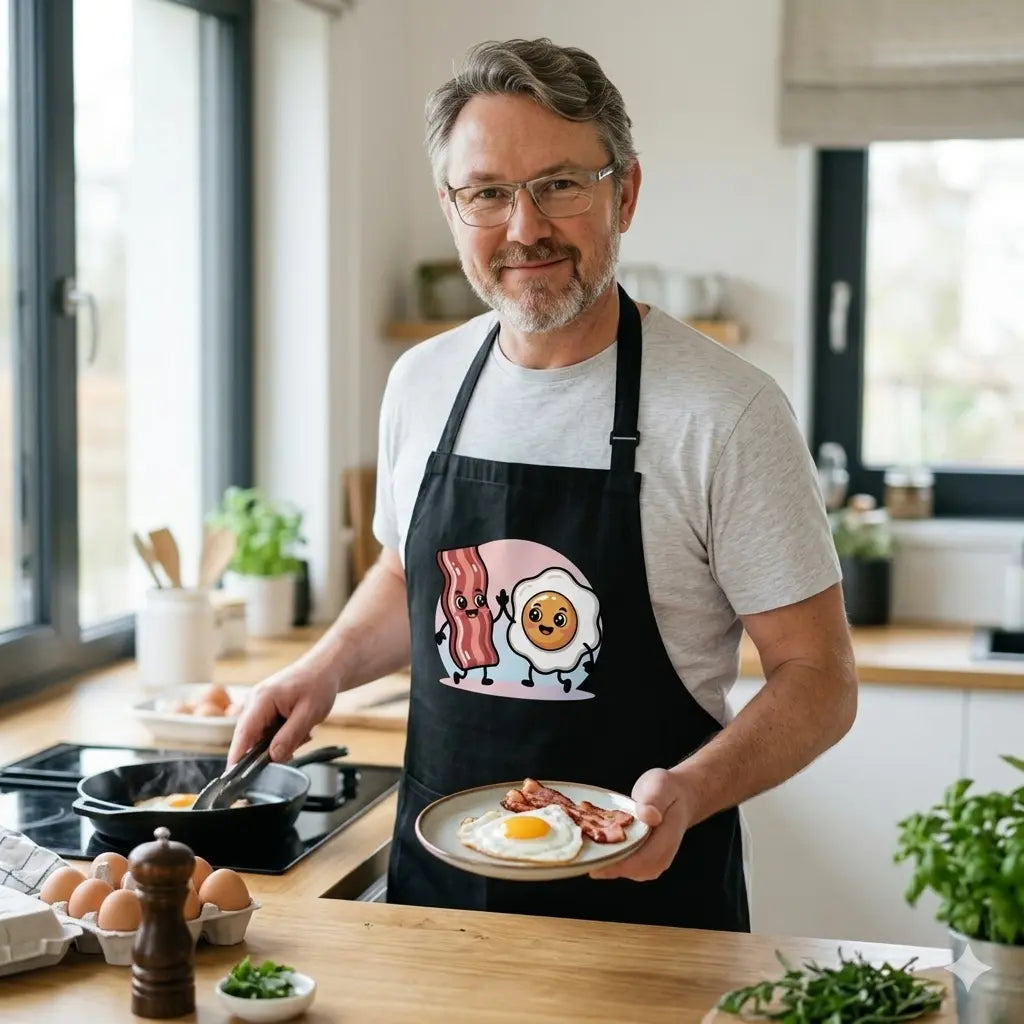 Grillmeister mit Meatware Bacon & Egg Friends Schürze präsentiert ein fertiges Frühstück.