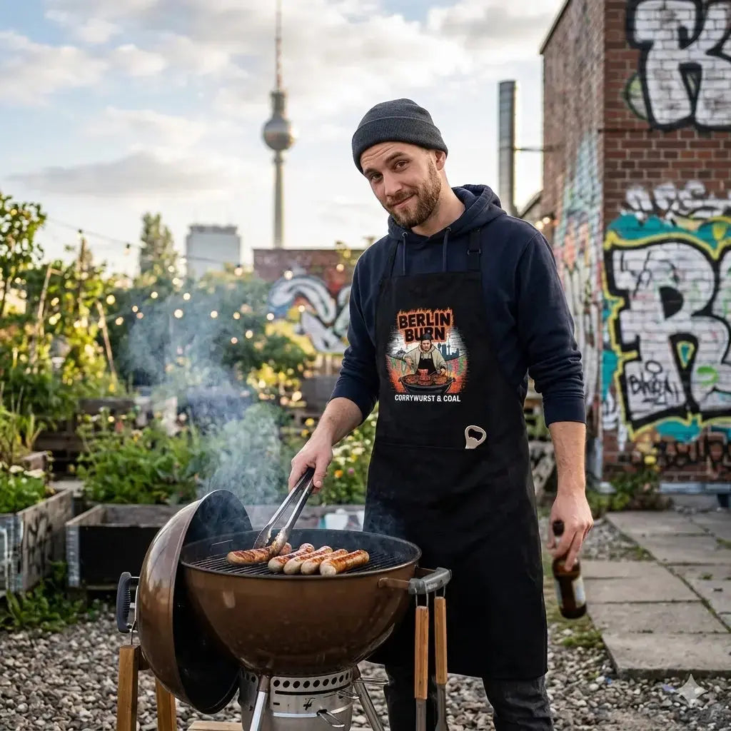 Grillmeister in der Meatware Berlin Burn Schürze (Currywurst & Coal Design) am Kohlegrill vor urbaner Kulisse