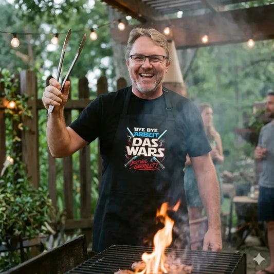 Grillmeister in der schwarzen Meatware Schürze „Das Wars – Abschied Grillen“ am glühenden Grill