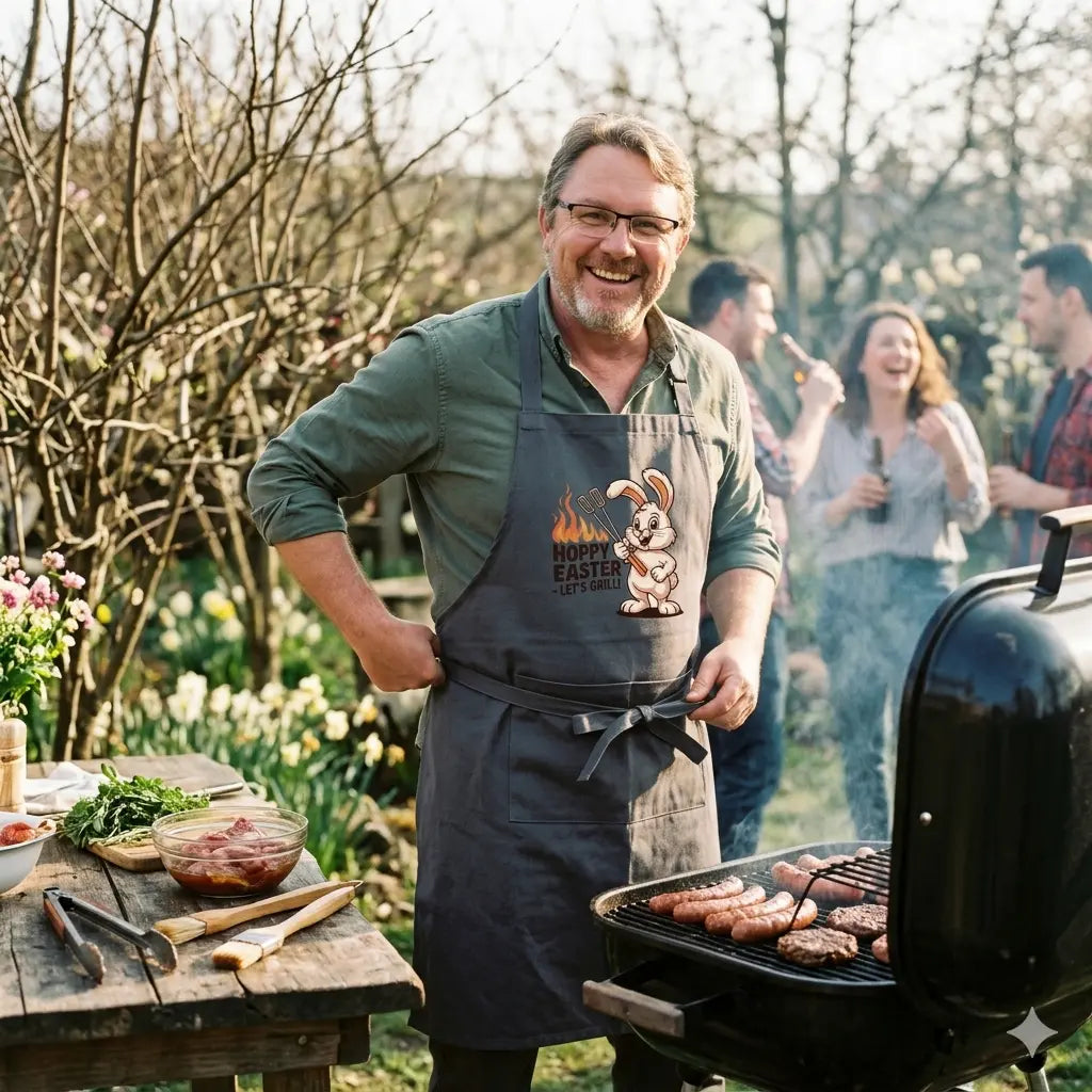 Hoppy Easter Let’s Grill Grillschürze – Lustiges Oster-Design | Schwarze BBQ Latzschürze – Meatware Detailansicht
