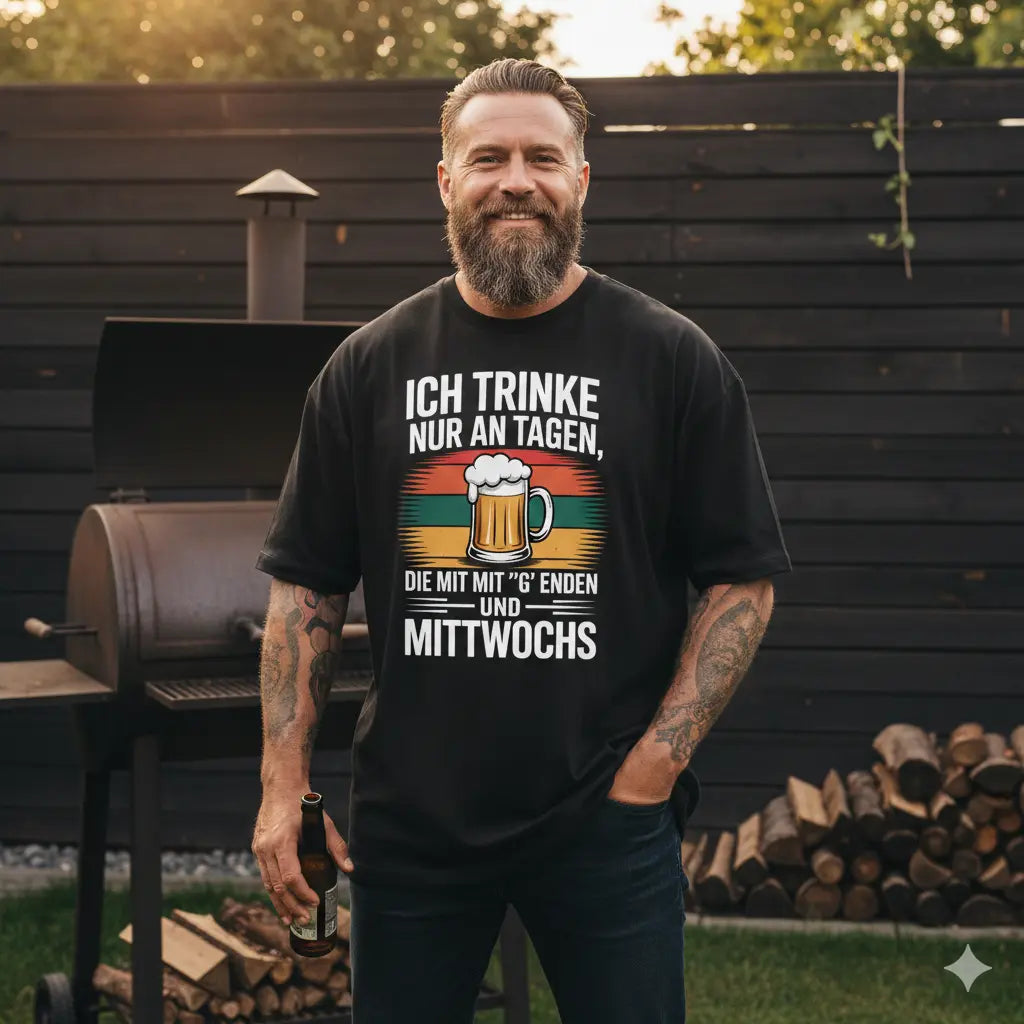 Kräftiger Mann im schwarzen 240 GSM Oversized Meatware Shirt mit dem lustigen Bier-Motiv 'G-Tage & Mittwochs'.