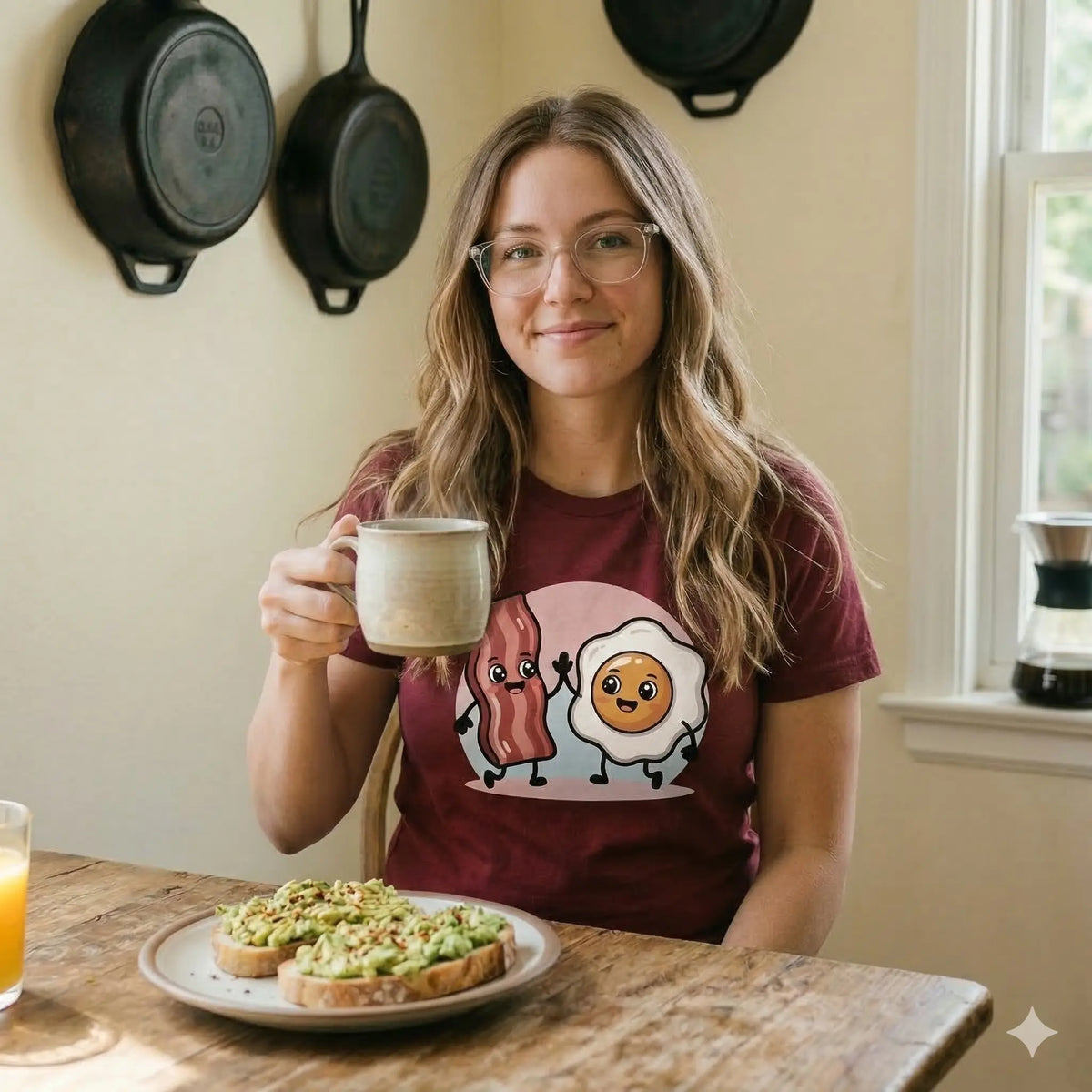 Frau im Meatware Bacon & Egg Friends T-Shirt aus 100% Bio-Baumwolle in heller Umgebung.