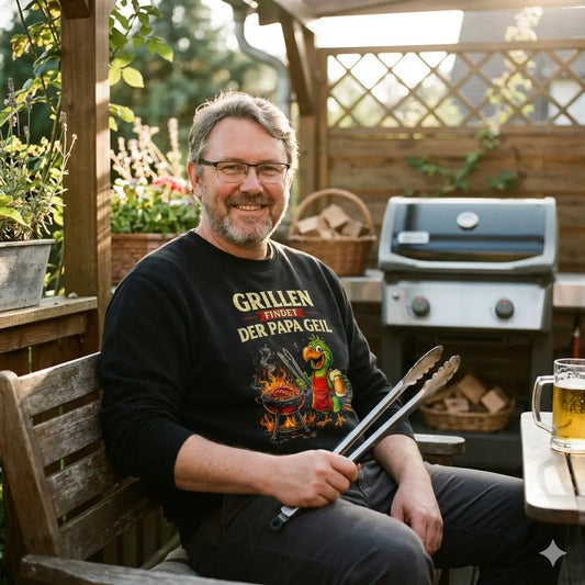 Vater im schwarzen Meatware Organic Sweatshirt aus Bio-Baumwolle mit bunter Grill-Illustration