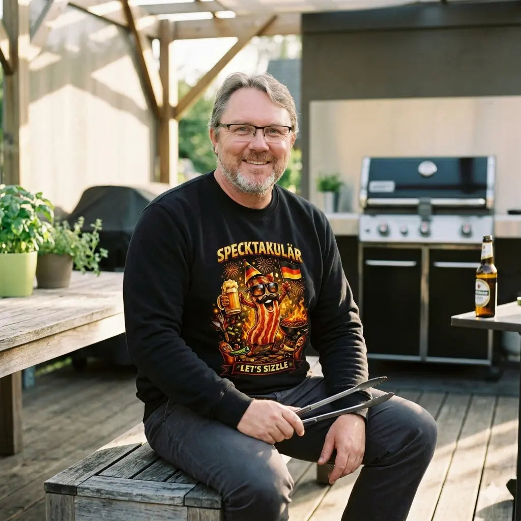 Schwarzes Meatware Premium Sweatshirt mit lustigem Bacon BBQ Design „Specktakulär – Let’s Sizzle“, Grillmotiv mit Bier, Würstchen und Deutschlandflagge im rustikalen Küchen Mockup – Shirts & more mit Geschmack