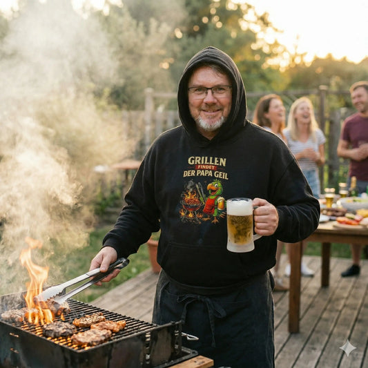 Vater im schweren Meatware Oversized Hoodie mit buntem Grill-Papagei im Boxy-Style