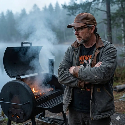 Grillmeister im Meatware Smoked by the Bunny T-Shirt vor einem rauchenden Smoker.