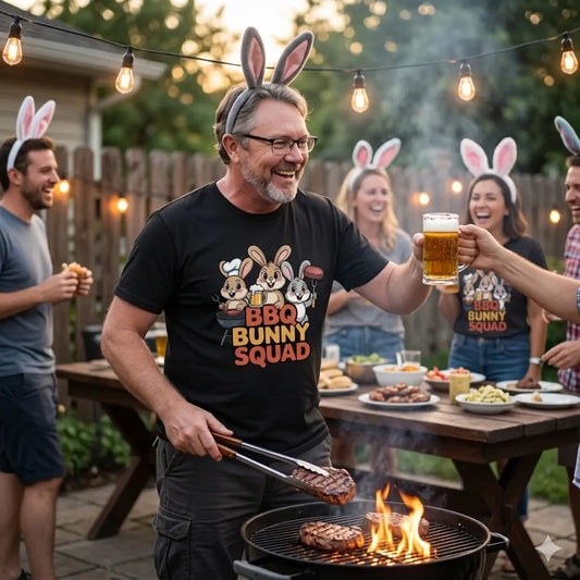 Grill-Team im Garten mit dem Meatware BBQ Bunny Squad T-Shirt am Smoker