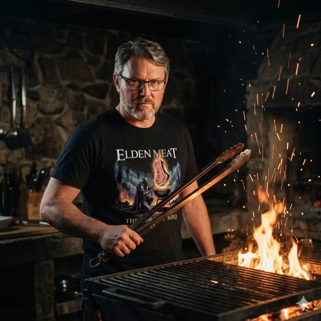 Mann im Meatware Elden Meat Premium T-Shirt am Grill in einer dunklen, epischen Fantasy-Kulisse