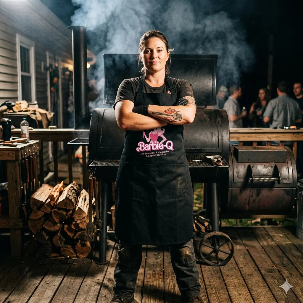 Schwarze Grill-Latzschürze mit knallpinkem Barbie-Q Brisket Schriftzug vor einem Smoker.