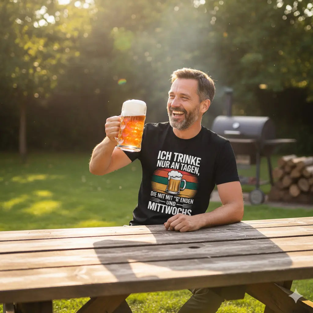 Authentischer Mann lacht mit Bierkrug im Garten, trägt schwarzes Meatware T-Shirt mit dem Spruch 'Ich trinke nur an Tagen, die mit G enden - und mittwochs'.